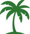 Simple green palm tree illustration with a curved trunk and large fronds on a light background.
